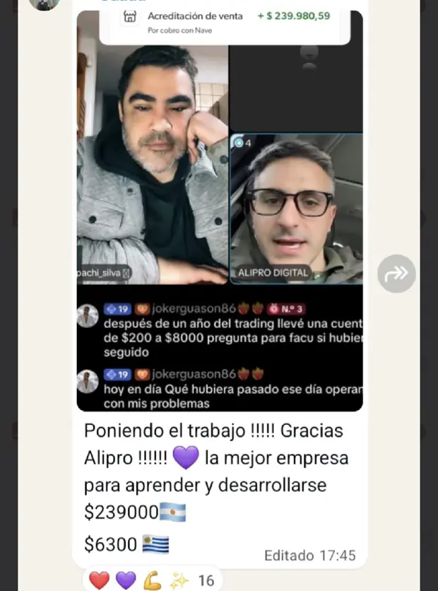 Captura de un vivo de Pachi Silva con AliPro junto a la acreditación de una venta