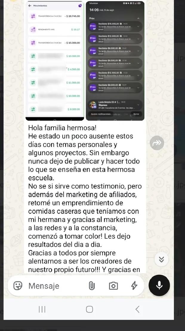 Captura del mensaje de un integrante de la comunidad que aplicó el marketing a su emprendimiento de comidas caseras, con los nombres de terceros ocultos