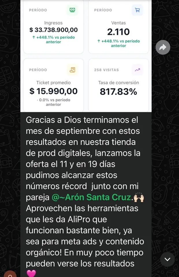 Captura del panel de ventas de septiembre de una pareja de la comunidad con su tienda de productos digitales