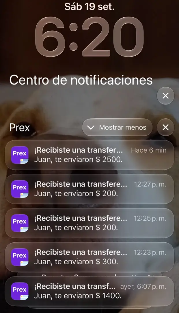 Captura de la pantalla del celular con varias notificaciones de transferencias recibidas