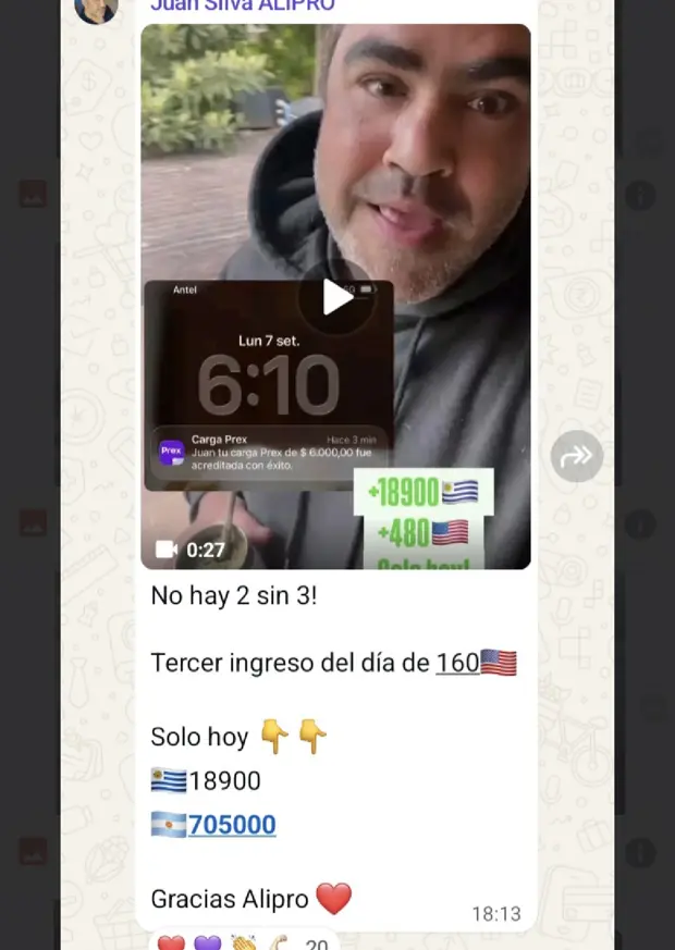Captura de un mensaje de Pachi Silva en la comunidad mostrando su tercer ingreso del día