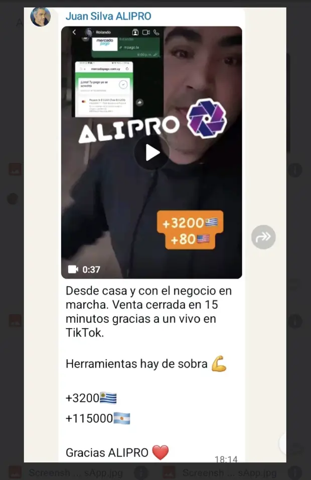 Captura de un mensaje de Pachi Silva contando una venta cerrada en 15 minutos gracias a un vivo en TikTok